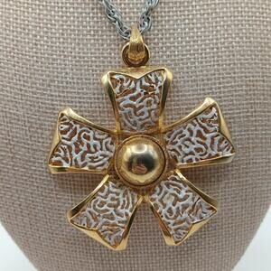 Vintage Flower Pendant Necklace Large Gold Tone Floral Motif Roget Jewelry